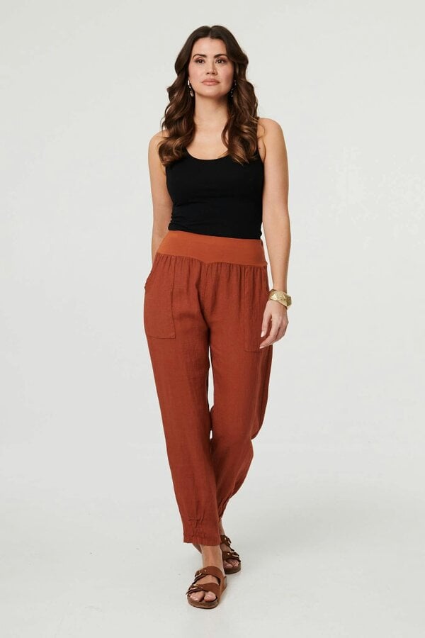 Izabel London Relaxed Linen Blend Tapered Trousers - Rust