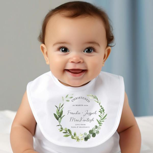 Personalised Green Floral Christening Baby Grow, Vest or Bib with Name