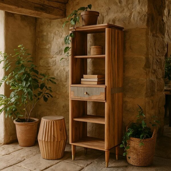 Wyld Haus Idaho Acacia Mango Wood and Brass Slim Bookcase with 1 Drawer