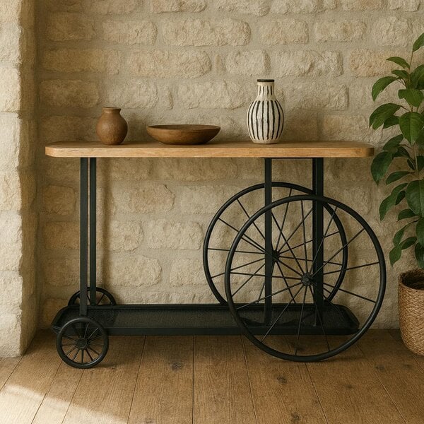 Wyld Haus Shanghai Industrial Oak and Black Modern Wheel Console Table