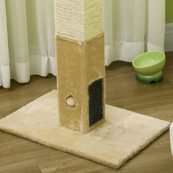 Beige jute cat scratching post with carpet base and black side scratching surface