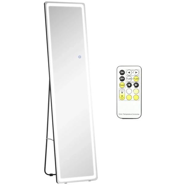 Full-length LED mirror with black frame and included remote control, standing view