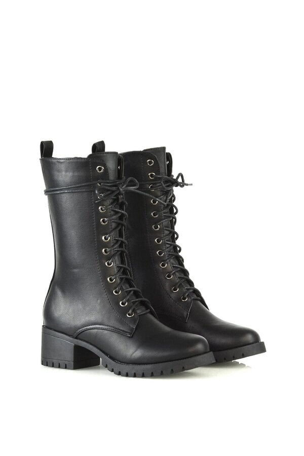 XY LONDON Mid Block Heel Lace Up Military Biker Ankle Boots