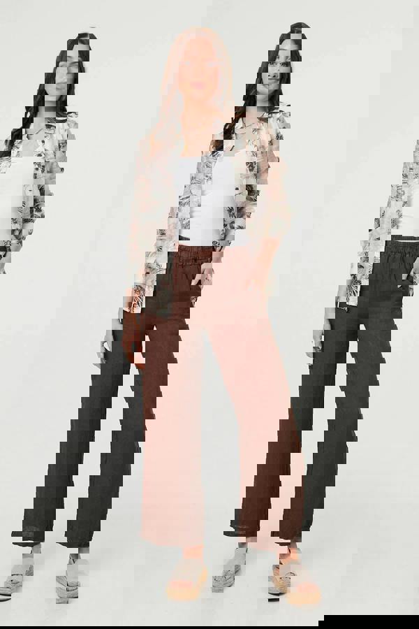 Brown | High Waist Wide Ankle Length Trousers : Model is 5'9"/175 cm and wears UK8/EU36/US4/AUS8