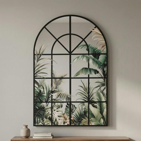 Garden Greatness Arched Window Mirror with Tropical Leaf Print