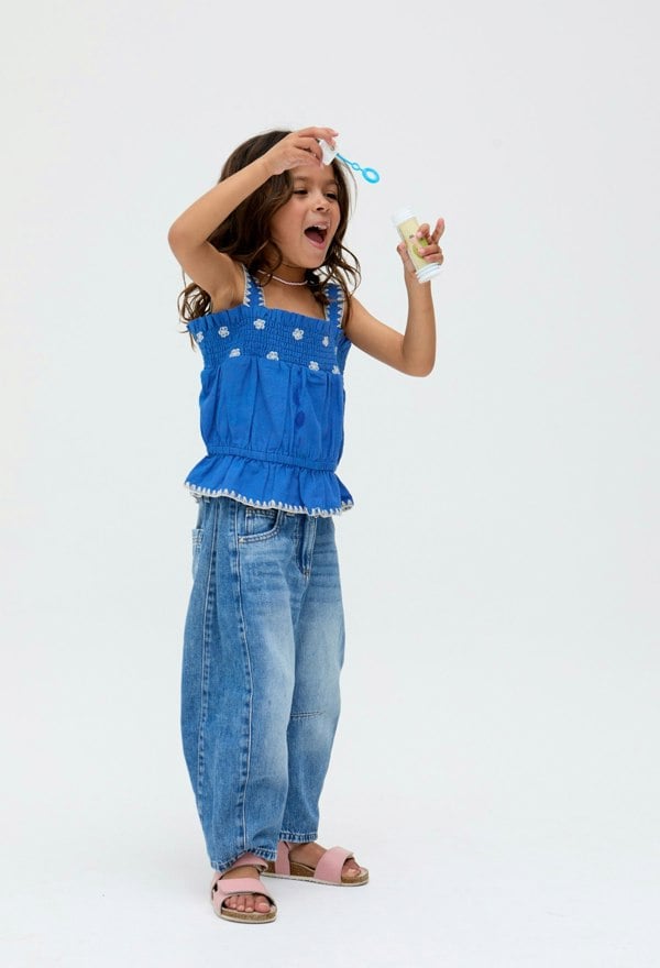 Kids Tilly Blanket Stitch Peplum Hem Blouse In Blue - image 3