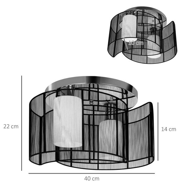 Black semi-flush chandelier with wire mesh cage and two cylinder shades, size diagram shown.