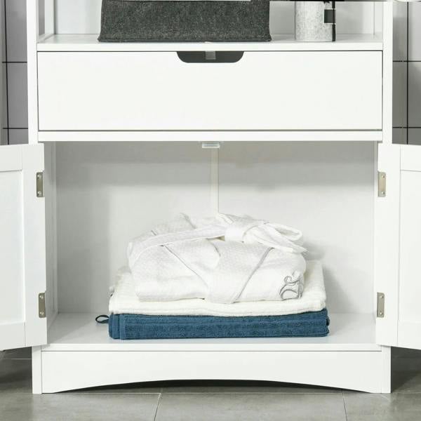 White cabinet with open drawer showing neatly folded towels and bath accessories