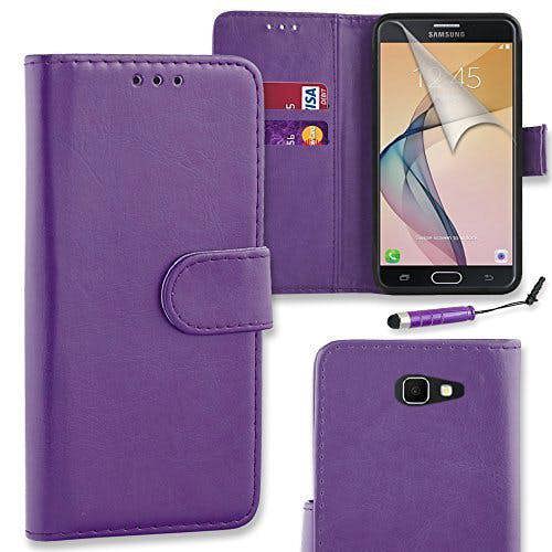 PU Leather Flip Wallet Case Cover Pouch for Samsung Galaxy A3 (2017) with Screen Protector, Polishing Cloth and Stylus - Purple + Mini Stylus