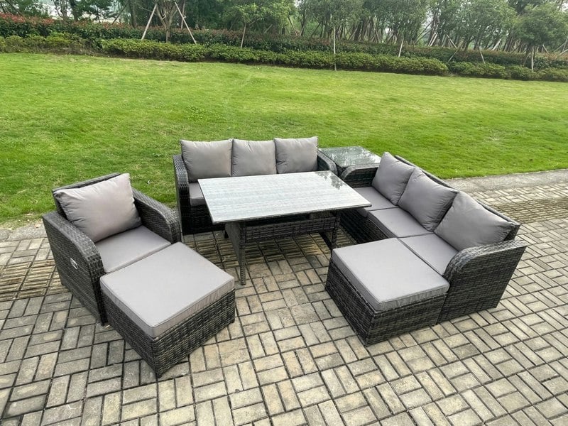 Fimous 9 Seater Dark Grey Mixed Rattan Outdoor Dining Set - Oblong/Rectangular Table, 3-Seater Sofa, 2 Footstools & Side Table