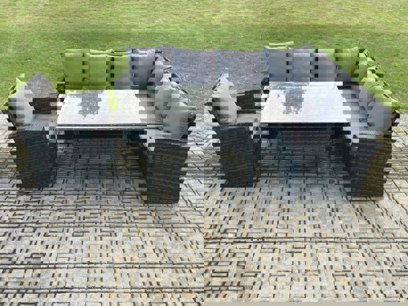 Fimous 7 Seater Garden Rattan Furniture Corner Sofa Dining Table Chair Set with Temper Glass and Cushions Indoor Outdoor Lounge Sofa Set