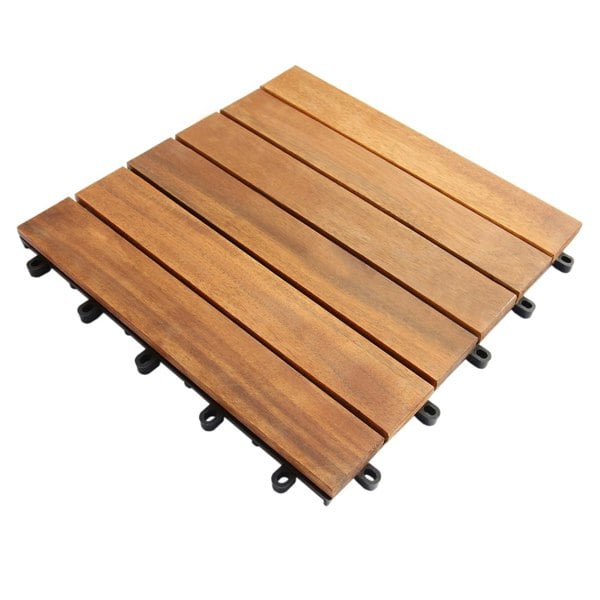 Natural wooden decking tiles in rich brown tones, featuring smooth planks and interlocking edges for easy installation
