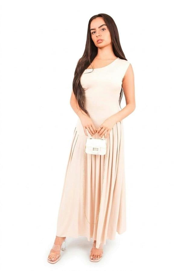 Tylah Short Sleeve Pleated Relaxed Maxi Dress - Beige_wb