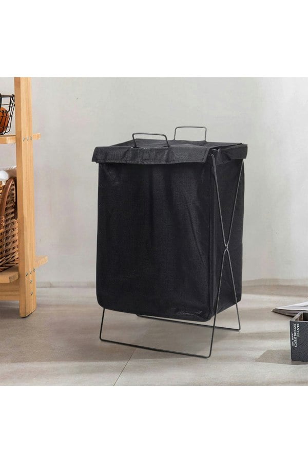 Living and Home Black Collapsible Fabric Laundry Basket Clothes Hamper With Lid And Handle