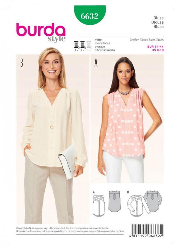 Burda Sewing Pattern 6632 Tops For Women, 8 to 18 - Intermediate