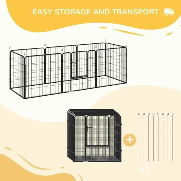 Black 8-panel wire dog playpen with foldable, stacked transport view