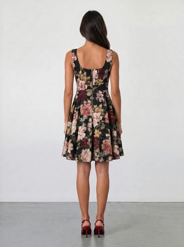 A woman with long brown hair faces away, wearing the Sarvin Golha Floral Corset Dress—sleeveless, knee-length, with a pink and beige floral pattern—and red high heels, set against a plain light background.