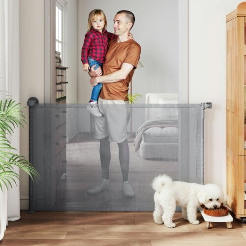 PawHut Stair Gate for Dogs, Pet Gate, Extends to 140 cm Wide & 93 cm Tall - 149 x 9 x 93 cm - Metal, aluminum, ABS, POM, polyester - Grey