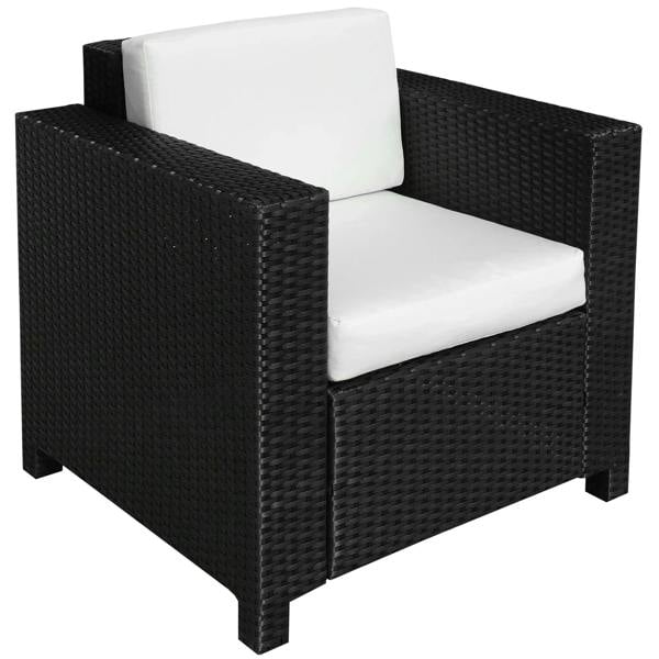 Black rattan armchair with thick white padded seat and back, including armrests