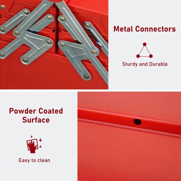 Red metal tool box close-up of silver connector bars on tray base