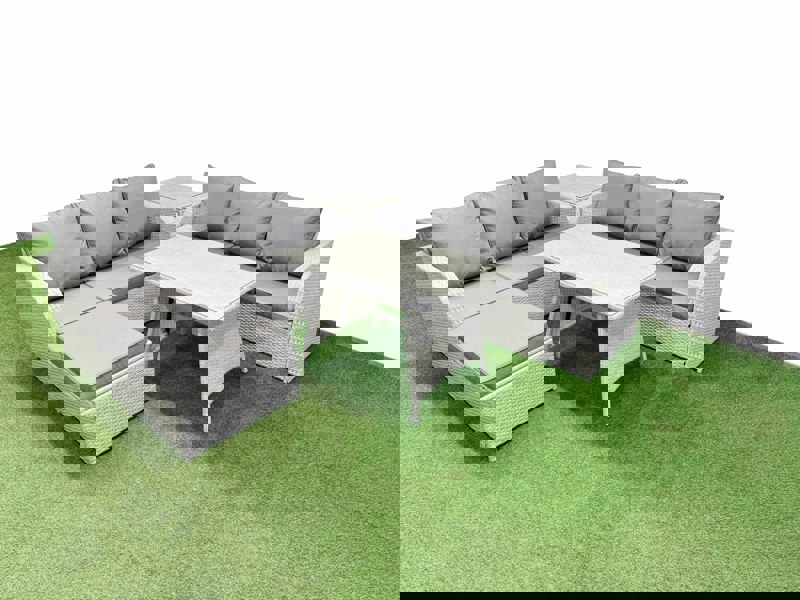 Fimous Patio Dining Table & Chairs Set Rattan High Back Lounge Sofa Set with 3 Seater Sofa Side Table Big Stool Light Grey