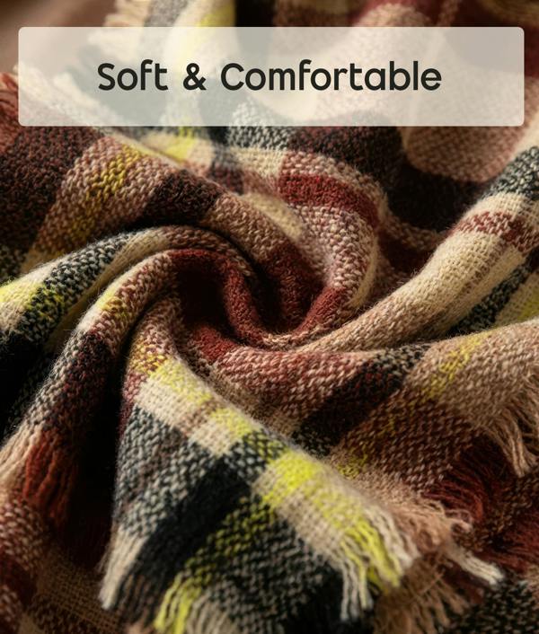 VIA MONTEN Women’s Vintage Plaid Scarf, Oversized Winter Scarf Wrap with Fringe, Soft Large Shawl for Cold Weather Styling