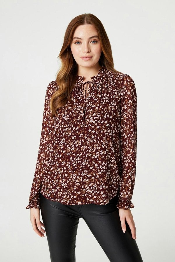 Red | Printed Frilled Tie Neck Blouse