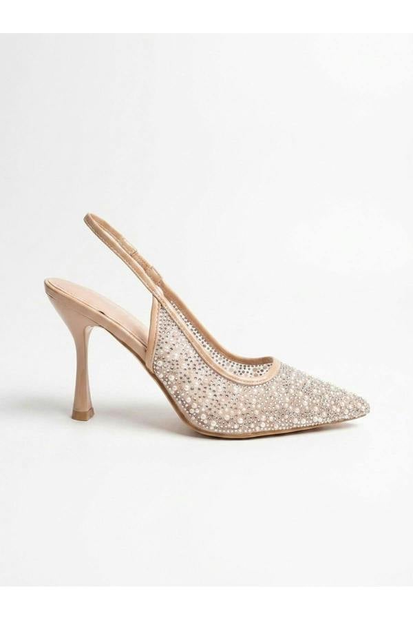 Cordelia Embellished Mesh Pointed Toe Heels - Beige