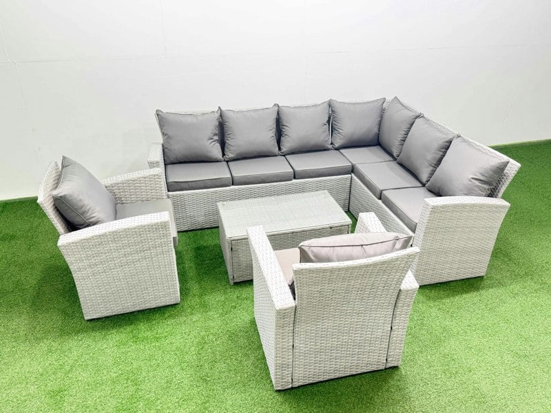 Fimous Garden Outdoor PE Rattan Furniture Set 8 Seater Rattan Garden Sofa Set with 2 Light Grey Mixed