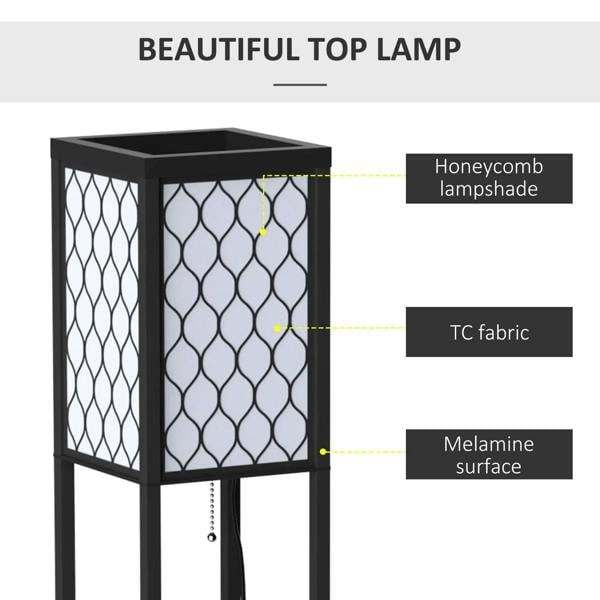 Black shelf lamp frame with honeycomb-style lampshade and open storage tiers