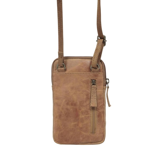 Real Hide Bags 'BROOKE' Tan Distressed Real Leather Mobile Phone Crossbody Bag
