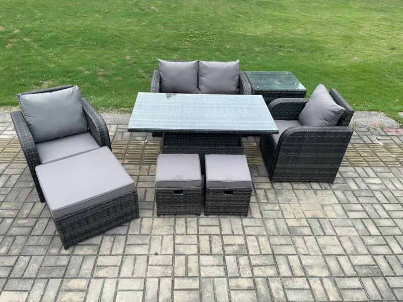 Fimous Wicker PE Rattan Furniture Garden Dining Set Outdoor Height Adjustable Rising lifting Table Love Sofa Chair With Side Table 3 Stools