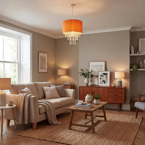 Modern Orange Satin Fabric Pendant Shade with Clear Acrylic Drops Image 6