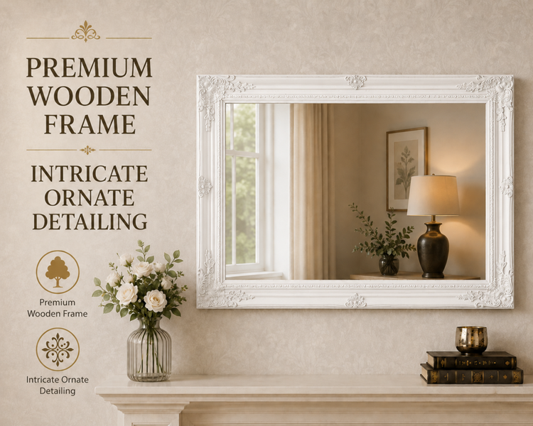 Downton Interiors Large Antique Style White Wood Frame Wall Mirror 90cm x 65cm