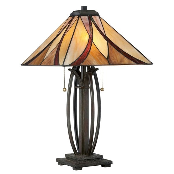 2 Bulb Twin Table Lamp Tiffany Style Coloured Glass Valiant Bronze LED E27 60W Loops