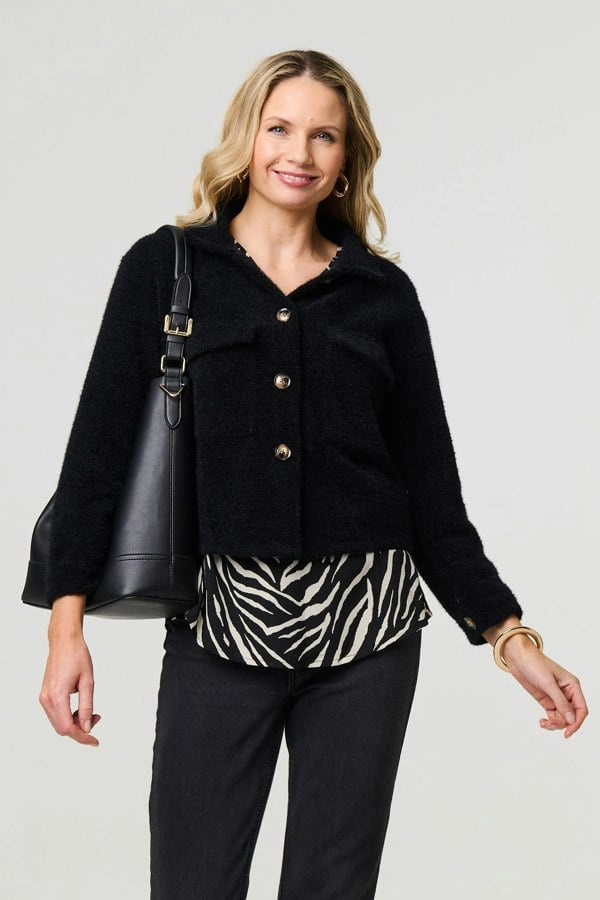 Black | Flannel Cropped Pocket Front Shacket
