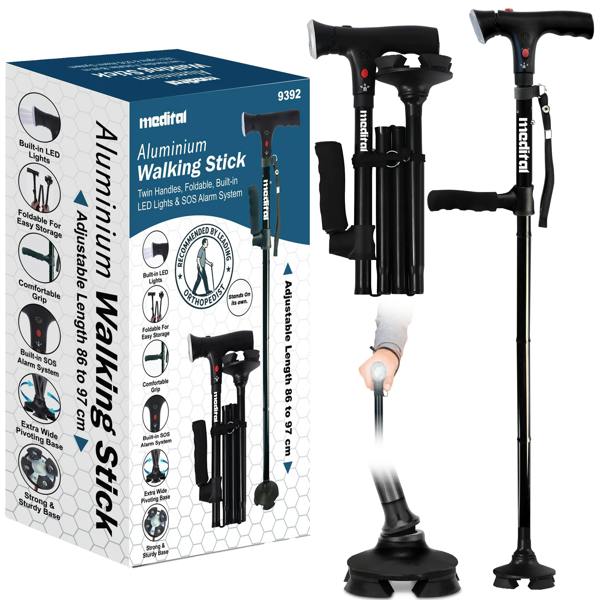 MEDITAL Folding Walking Stick with SOS Alarm & LED Light - 86-97cm Adjustable Aluminum Foldable Walking Stick for Men & Women