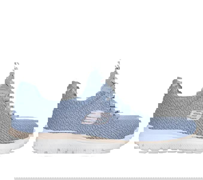 Skechers Summer Blush Womens Slip On Casual Sports Walking Trainers, light blue breathable mesh fabric with elastic laces and white sole.