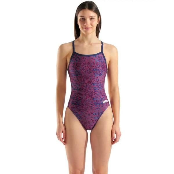Navy Arena snakeskin challenge swimsuit with purple pink floral accents
