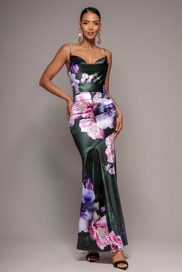 Floral Print Satin Cowl Neck Maxi Dress - Emerald Green DR5191
