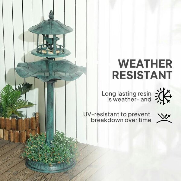 3-in-1 Garden Bird Bath, Freestanding Birdbath with Large Water Basin, Underneath Flower Planter, Φ50 x 113 cm, Green