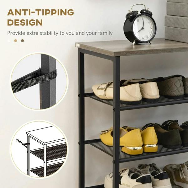 Black shoe rack with anti-tipping stability, mesh shelves and steel frame