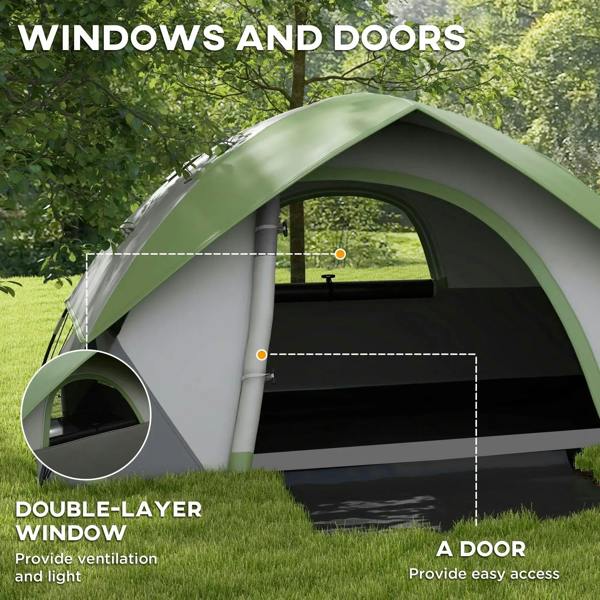 Green and grey dome tent with rounded windows and a front door opening