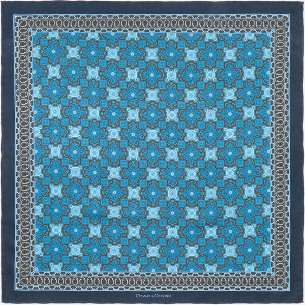 Otway & Orford 'Arabesque' tile design silk pocket square in turquoise, brown & navy (42 x 42cm)