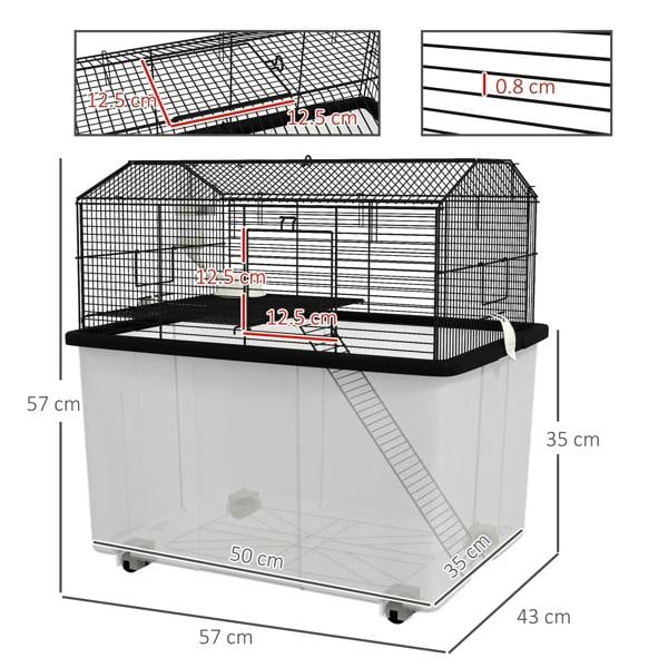 Black two-tier hamster cage with ramp and deep base, showing size measurements