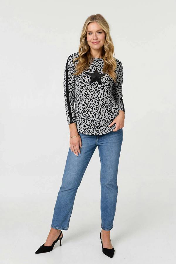 Grey | Animal Print Sequinned Long Sleeve Top