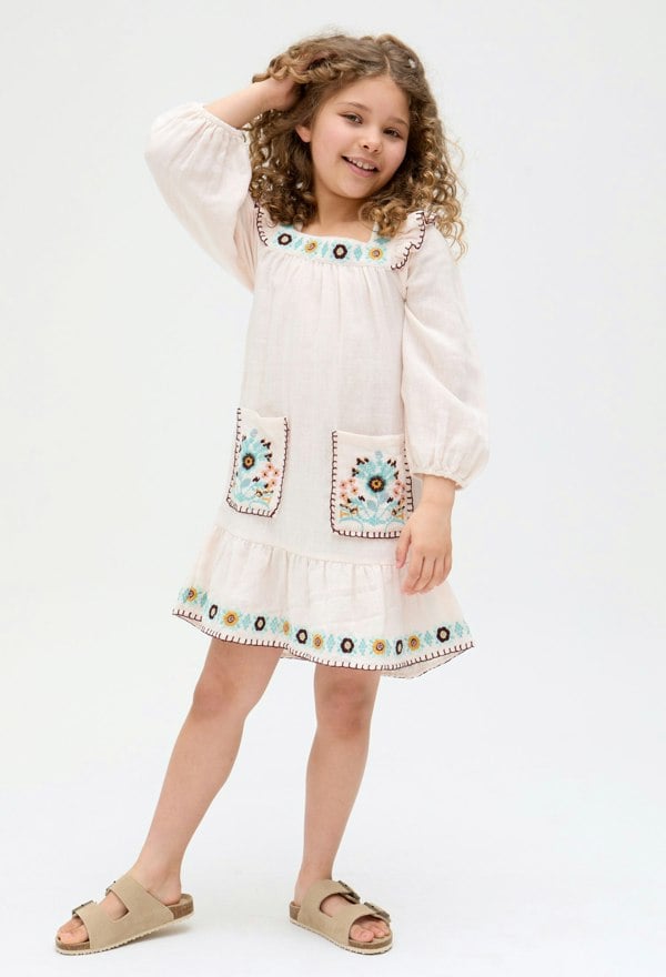 Kids Lisa Square Neck Embroidered Dress with front pockets In Cream - image 2