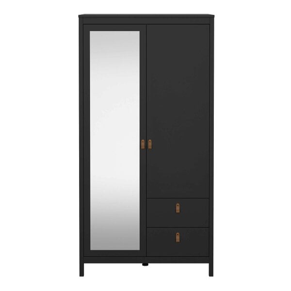 Wyld Haus Wildberry Matt Black Wooden Mirror Wardrobe  2 Doors 2 Drawers Leather Handles