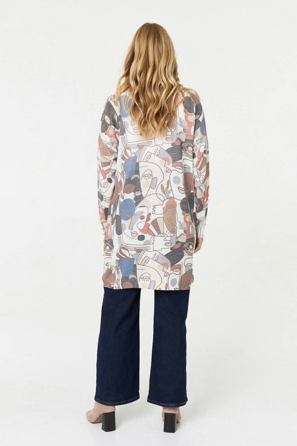 White | Abstract Open Front Longline Cardigan
