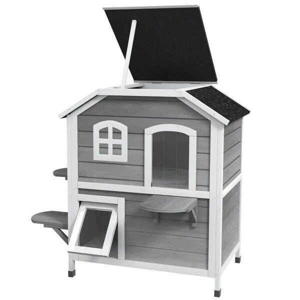 2-story Cat House Outdoor, Weatherproof Wooden Cat Enclosure with Escape Door, Openable Roof, Jumping Platforms, Grey